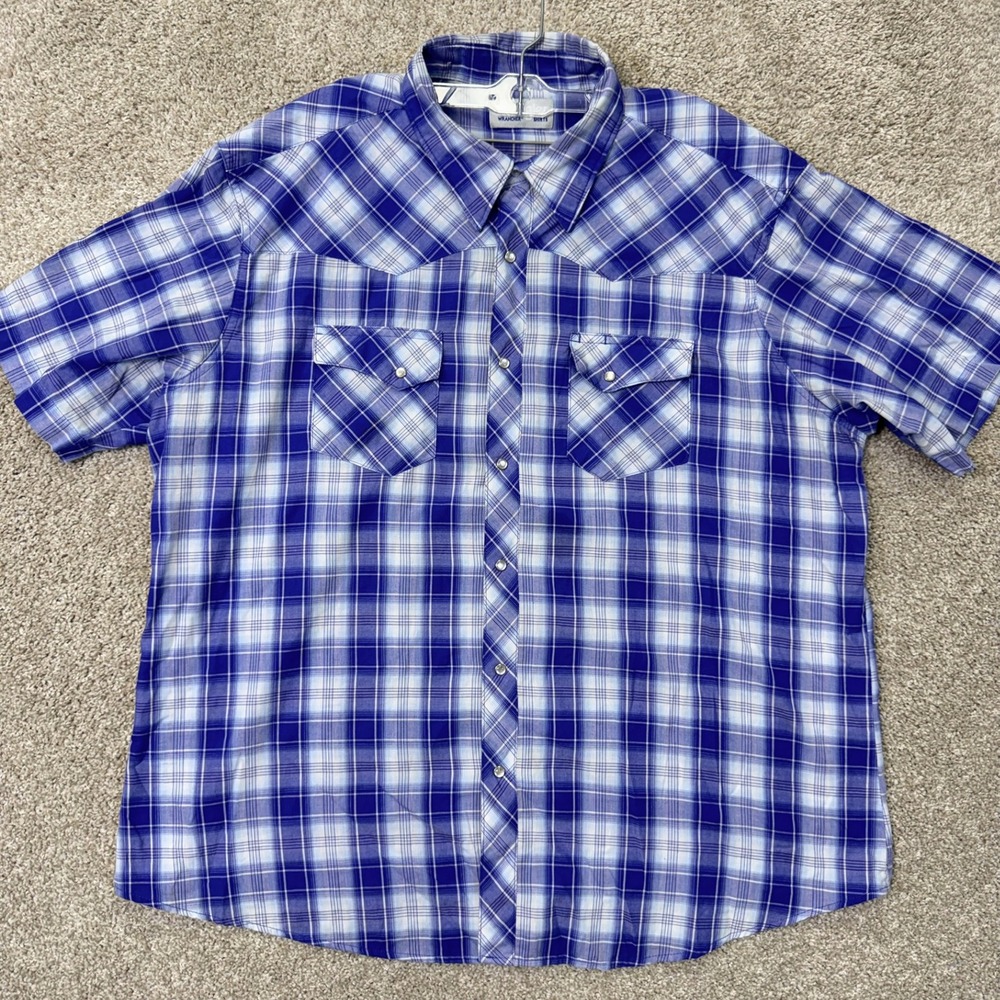 Wrangler Shirt Mens XXL Wrancher MTW1488 Blue Plaid Pearl Snap Western EUC